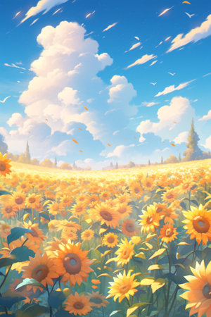 Sunflowers field with blue sky and white clouds. Digital painting.の素材