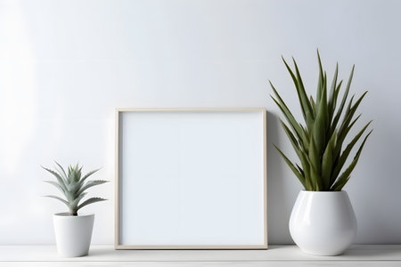White frame mockup in modern interior with plant. 3d renderの素材