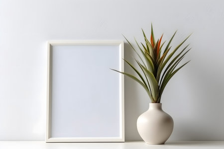White frame mockup with a plant in a vase on a white backgroundの素材