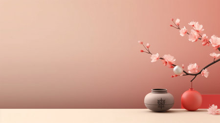 3d render of vase and cherry blossom flower on tableの素材