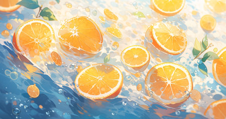 Fresh orange slices floating in water with splashes. 3d illustrationの素材