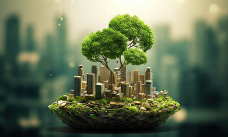 Ecology concept with green tree and city. 3D Renderingの素材