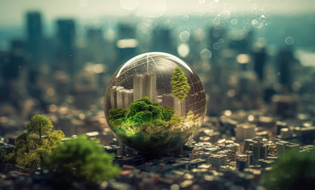 Ecology concept. Glass globe with green city and trees. 3D Renderingの素材