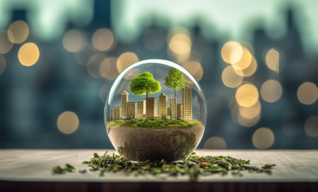 Green city inside a crystal ball. Ecology concept. 3D Renderingの素材