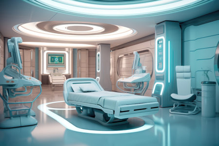 3D rendering of a medical room with a bed in the foregroundの素材