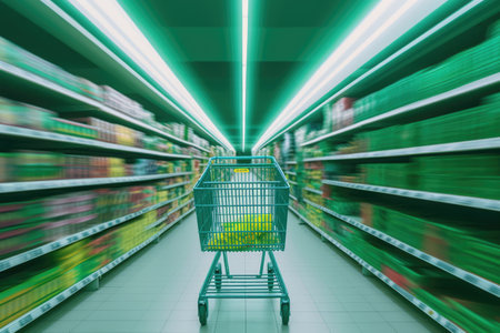 Shopping cart in the supermarket. Blurred background. 3d renderingの素材