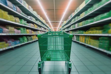 Shopping cart in supermarket. Blurred image of shelves with products.の素材
