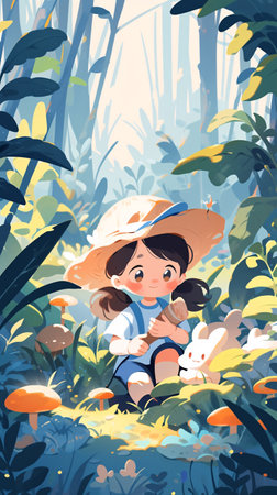 Vector illustration of a boy in a hat with a rabbit in the forestの素材