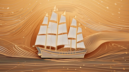 Sailing boat on sea waves background. 3d vector illustration.の素材