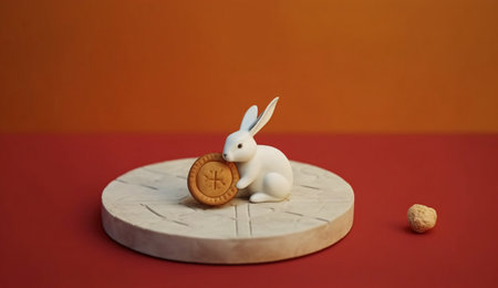 Rabbit and coin on a wooden board. Easter holiday concept.の素材