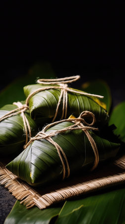 Rice dumplings with banana leaves on black background, Thai traditional foodの素材
