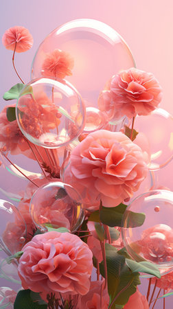 Bouquet of pink roses and soap bubbles on a pink backgroundの素材