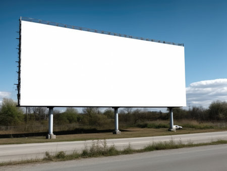 Blank billboard on the road with blue sky and clouds in backgroundの素材