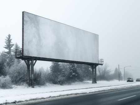 Blank billboard on the road in the winter with snow and fogの素材
