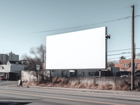 Blank billboard on the road with blue sky background. Mock upの素材