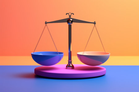 Scale of justice on color background. 3d rendering. Computer digital drawing.の素材