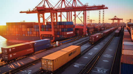 Container Cargo freight ship with working crane bridge at sunset for Logistic Import Export backgroundの素材