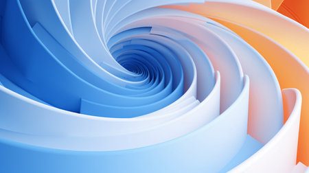 3d render of abstract background with blue and orange curved elements.の素材