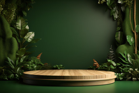 Wooden product display podium on green background. 3D rendering.の素材