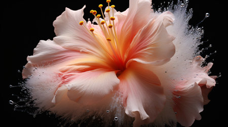 Pink hibiscus flower with water splashes on black backgroundの素材