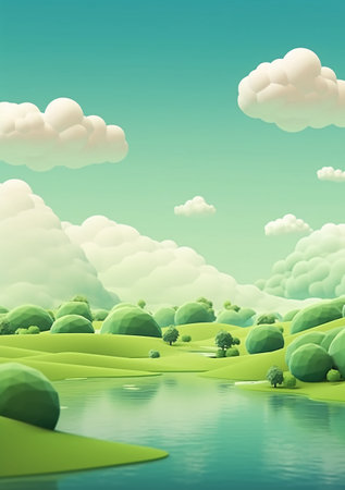 Green landscape with lake and clouds in the sky. Vector illustration.の素材