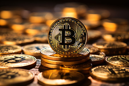 Bitcoin on the background of the coins. Bitcoin is a modern way of exchange and this crypto currency is a convenient means of payment in the financialの素材