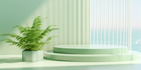 Minimalist scene with green podium and plant. 3D renderingの素材