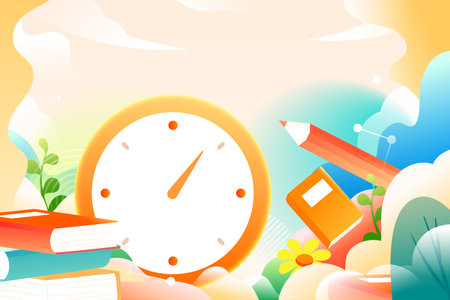 Back to school concept. Vector illustration with clock, books and pencils
