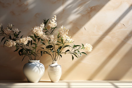 Vases with beautiful flowers on table near color wall.の素材