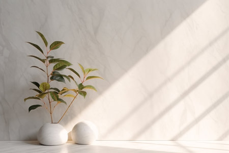 ficus in white vase on white table with shadow on wallの素材