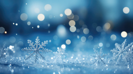Christmas background with snowflakes and bokeh lights on blueの素材