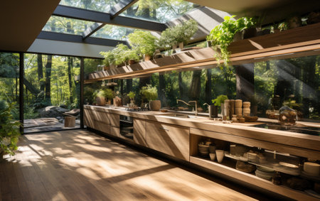 Interior of a modern coffee shop with wooden furniture and green plantsの素材