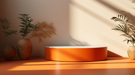 Minimal scene with orange podium and palm leaves. 3D renderingの素材