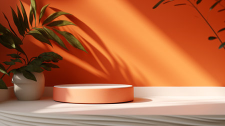 3d render of minimal product display podium with palm leaf shadow.の素材