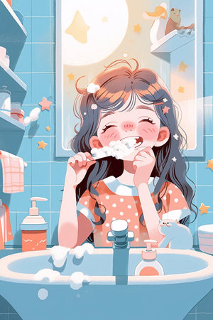 Vector illustration of a little girl brushing her teeth in the bathroom.の素材