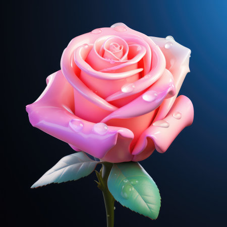Pink rose with water drops on a dark blue background. 3d illustrationの素材