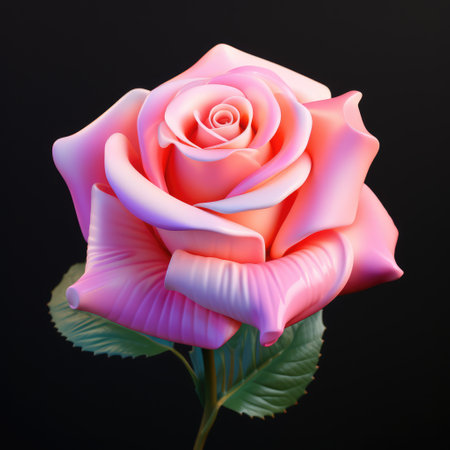 Pink rose isolated on black background. 3D illustration. Top view.の素材