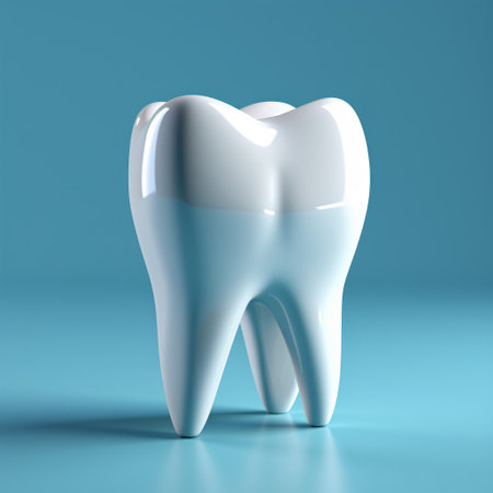 Tooth on a blue background. 3D illustration. Copy space.の素材