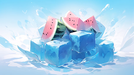 Melon and watermelon frozen in ice cubes. Vector illustration.の素材