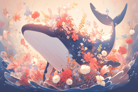 Illustration of a beautiful whale in the sea with flowers and butterfliesの素材