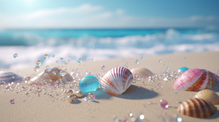 Seashells on sandy beach with ocean background. 3d renderの素材