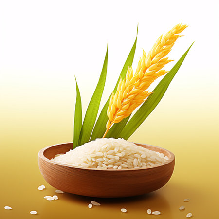 Rice grains in wooden bowl and spikelets on yellow background.の素材