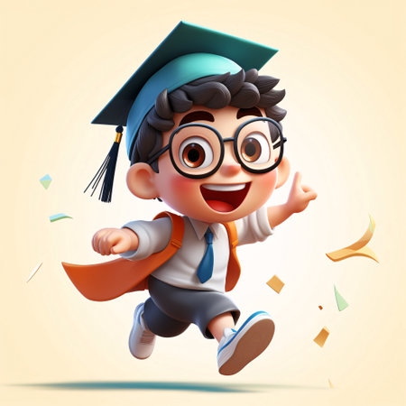 3d illustration of a boy in graduation cap and eyeglasses jumpingの素材