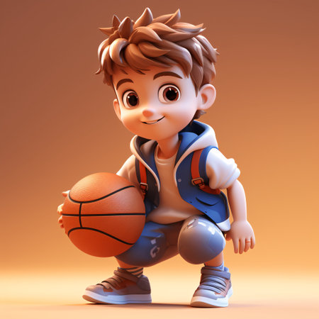 3D illustration of a cute cartoon boy with a basketball in his handsの素材