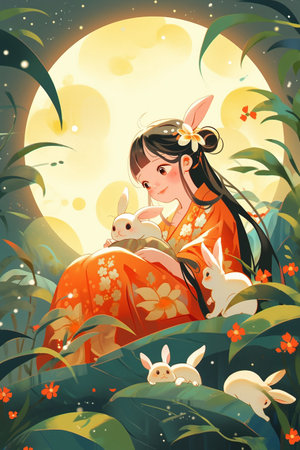 Vector illustration of a girl in a Japanese kimono and her little rabbits.の素材