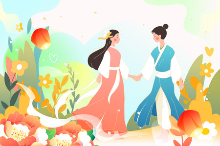 Cute couple in Japanese traditional clothes walking in the garden. Vector illustration.のイラスト素材