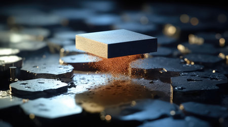 3d rendering of a golden coin falling from the pile of coinsの素材