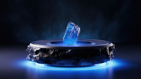 3d render of blue crystal on black pedestal with blue lightの素材