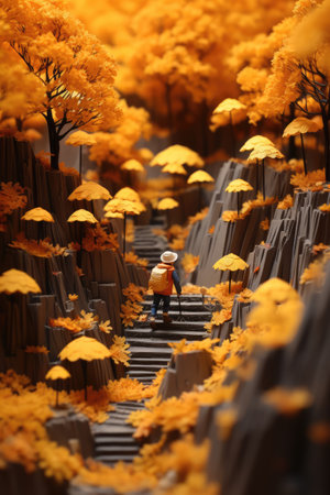 Trees in autumn with yellow leaves and a man standing on the stairsの素材