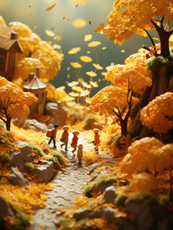 Autumn scene with children walking in the autumn forest. 3D renderingの素材